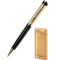 Подарочный набор Pierre Cardin шариковая ручка и зажигалка. Цвет золотой/черный, стальные детали дизайна