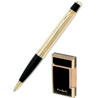 Подарочный набор Pierre Cardin шариковая ручка и зажигалка. Цвет черный/золотой, отделка элементов позолота
